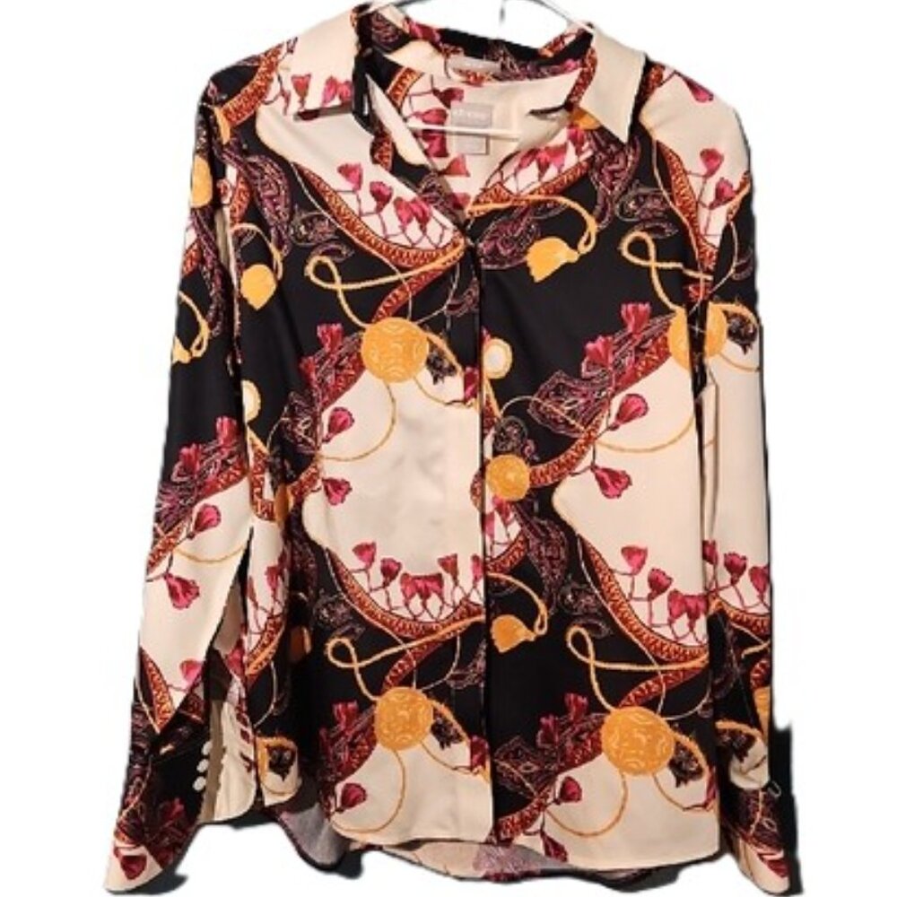 Chico's No-Iron Sateen Tassel Status-Print Cotton Blouse With Buttons - Chico's